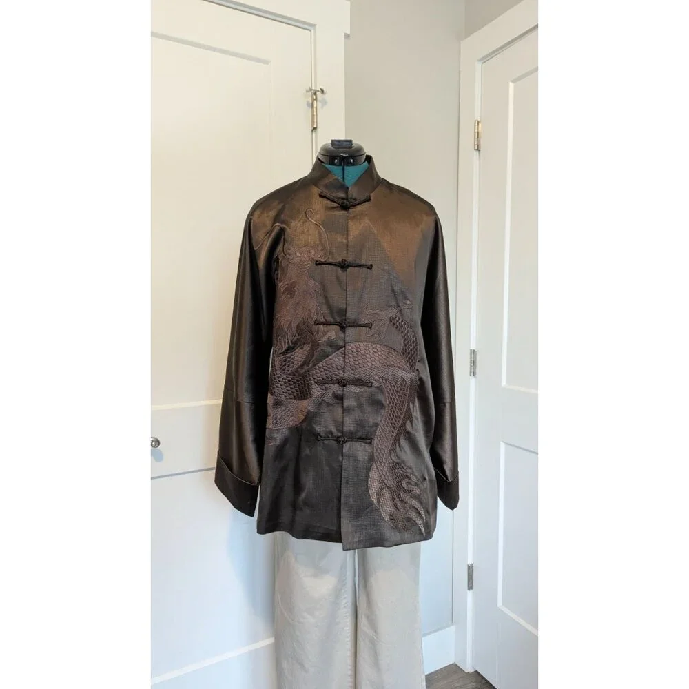 Vintage Mens Traditional Chinese Jacket Large Dragon Brown Satin House Coat